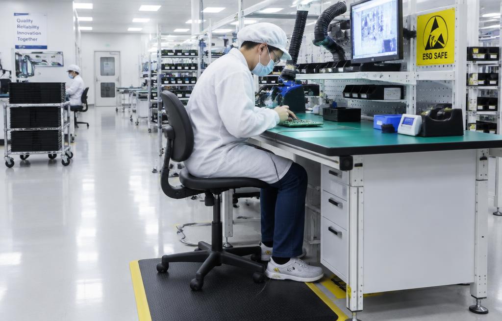 ESD korumalı elektronik montaj hattında antistatik ayakkabı